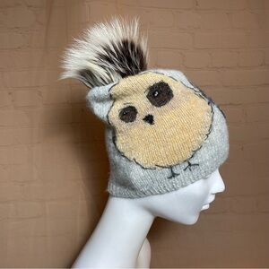 Handmade knit wool hat with 2 friendly owls and real fox detachable pompom